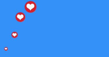 Mavi arka planda hareket eden çoklu kalp simgelerinin canlandırılması. Sevgililer Günü romantizmi dijital olarak oluşturulan sosyal medya kavramını sever.