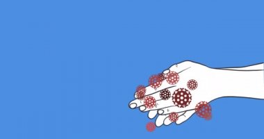 Mavi arka planda ellerini yıkadıktan sonra kırmızı koronavirüs hücrelerinin yok oluşu. Coronavirus Covid 19 hijyen koruma konsepti dijital olarak oluşturuldu.