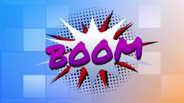 Arka planda hipnotik hareketlerle hareket eden parlayan karelerin üzerine çizgi film retro konuşma balonunun üzerine yazılmış Boom metninin animasyonu. Klasik çizgi roman konsepti dijital olarak oluşturuldu.