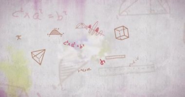 Gri zeminde hareket eden kırmızı ve turuncu renkli matematiksel denklemlerin ve geometrik şekillerin animasyonu. Okul kavramına geri dönüş dijital olarak oluşturulan imaj.
