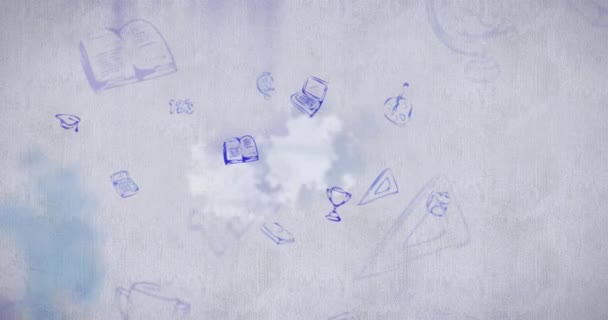 Animation Mehrerer Schulsymbole Lila Die Sich Auf Einem Ausgekleideten Grauen — Stockvideo