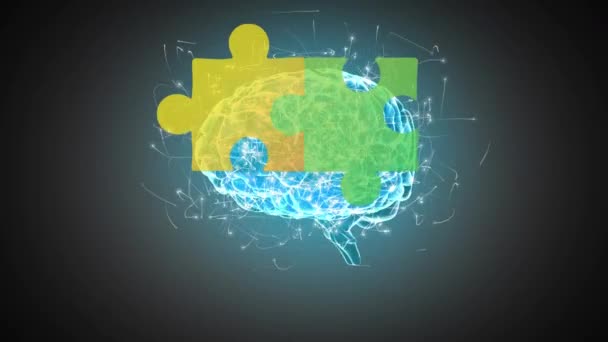 Çok Renkli Yapboz Elementlerinin Animasyonu Mavi Parlayan Beyin Üzerinde Kare — Stok video
