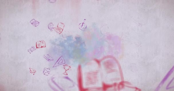 Animation Plusieurs Icônes Scolaires Rouge Violet Déplaçant Sur Fond Gris — Video