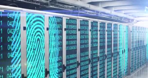 Animation Fingerprint Scanning Digital Information Flowing Network Computer Servers Server — Stock Video