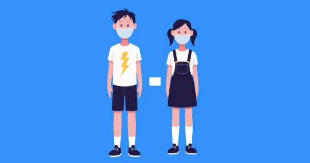 Κινούμενο Σχέδιο Εικονίδια Κορίτσι Και Αγόρι Διατηρώντας Την Κοινωνική Απόσταση — Αρχείο Βίντεο