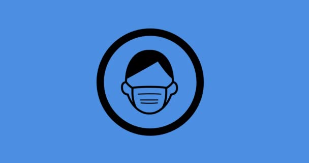 配戴面罩图标的人在蓝色背景的黑色圆圈中的动画 Coronavirus Covid 19社会疏远概念数字生成的图像 — 图库视频影像