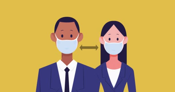사업가와 사무적 아이콘들이 마스크를 노란색 배경에서 사회적 거리를 유지하는 애니메이션 — 비디오