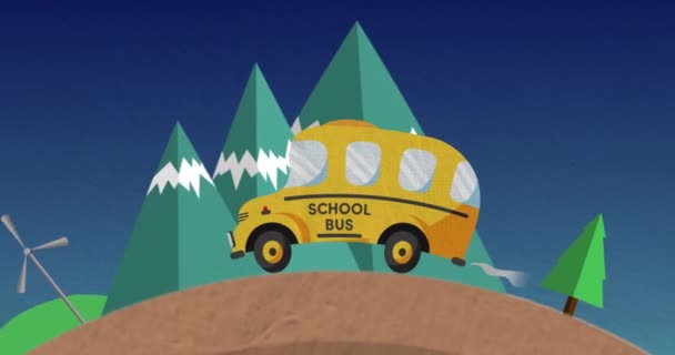 Анимация Школьного Автобуса Городским Пейзажем Зданиями Синем Фоне Возвращение Концепции — стоковое видео