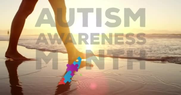 Animação Elementos Quebra Cabeça Multicoloridos Formando Fita Autism Awareness Mês — Vídeo de Stock