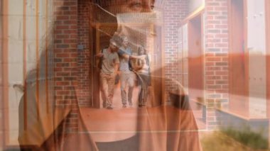 Coronavirus Covid 19 'un koridordaki üniversite öğrencileri üzerinde korunması için maskeli beyaz kadın animasyonu. Karantina karantinasında sosyal uzaklık ve kişisel izolasyon dijital kompozit.