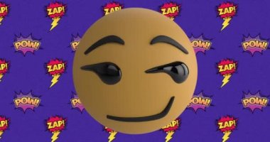 Zap ile sırıtan yüz ifadesinin animasyonu! Ve güm! Mor arkaplanda karikatür retro konuşma baloncukları üzerine yazılmış metin. Klasik çizgi roman konsepti dijital olarak oluşturuldu.