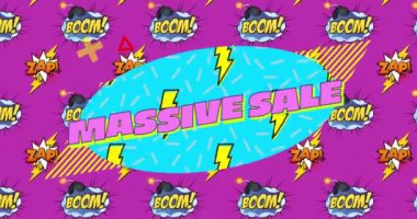 Konuşma balonunda Pembe Massive Sale animasyonu Boom! Ve zap! Mor arkaplanda karikatür retro konuşma baloncukları üzerine yazılmış metin. Klasik çizgi roman konsepti dijital olarak oluşturuldu.