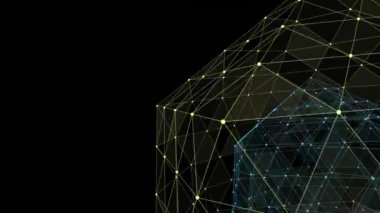 Plexus Karışık Paketi 'nin dijital sarı ve mavi renkli parlayan pleksus, bağlantılar ağı ve veri işleme üzerine animasyonu. Çevrimiçi güvenlik ve kimlik kavramı dijital olarak oluşturuldu.