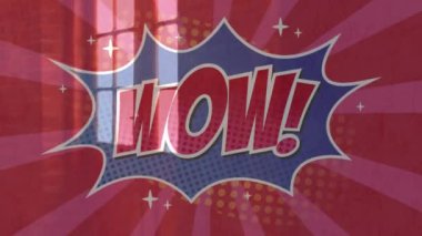 Wow 'un animasyonu! Arka planda turuncu çizgili ve boş okul koridorlu karikatür retro konuşma balonunun üzerine yazılmış bir metin. Klasik çizgi roman konsepti dijital olarak oluşturuldu.