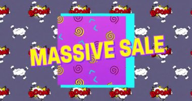 Sarı Massive Sale 'in animasyonu pembe karede bulutların üzerinde ve Boom! Mor arkaplanda karikatür retro konuşma baloncukları üzerine yazılmış metin. Klasik çizgi roman konsepti dijital olarak oluşturuldu.