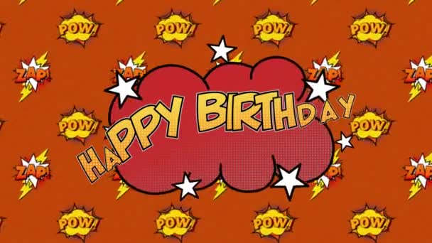 Animation Happy Birthday Text Tal Bubbla Över Pow Och Zap — Stockvideo