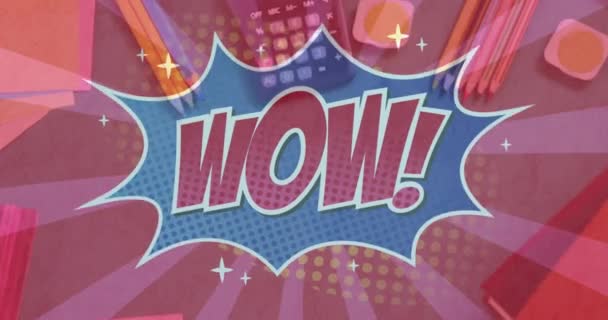 Animation Wow Text Written Cartoon Retro Speech Bubble School Materials — Stock Video