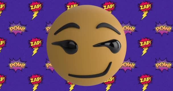 Animasi Tersenyum Emoji Wajah Dengan Zap Dan Pow Teks Ditulis — Stok Video