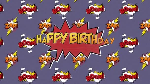 Animação Feliz Aniversário Texto Sobre Bolha Fala Sobre Boom Zap — Vídeo de Stock