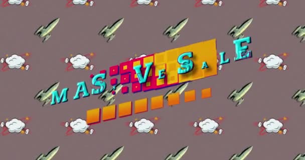 Animación Venta Masiva Texto Cuadrados Rojos Sobre Cohetes Nubes Dibujos — Vídeos de Stock
