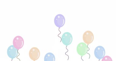 Beyaz zemin üzerinde uçan çok renkli balonların animasyonu. Dijital ortamda oluşturulan doğum günü partisi konsepti.