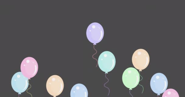 灰色の背景に複数の色の風船のアニメーション お祝いの誕生日パーティーのコンセプトデジタル生成画像 — ストック動画