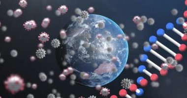 Covid 19 koronavirüs hücre ikonu ile dönen 3D DNA iplikçiklerinin animasyonu siyah arka planda dünya modelinde yüzüyor. Covid 19 salgın sağlık hizmetleri bilim konsepti dijital olarak oluşturulmuş görüntü.