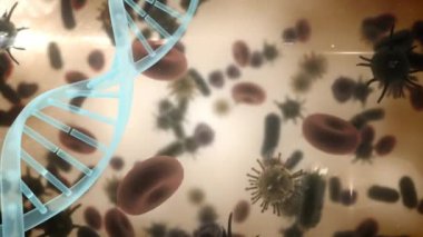 Covid 19 koronavirüs ve sarı zemin üzerinde yüzen kan hücreleriyle dönen 3D DNA iplikçiklerinin animasyonu. Covid 19 salgın sağlık hizmetleri bilim konsepti dijital olarak oluşturulmuş görüntü.