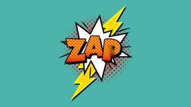 Kelimelerin animasyonu Boom, Pop, Pow, Smash! Ve zap! Çizgi film retro konuşma baloncukları üzerine çizgi roman metni yeşil arka planda hareket ediyor. Klasik çizgi roman konsepti dijital olarak oluşturuldu.