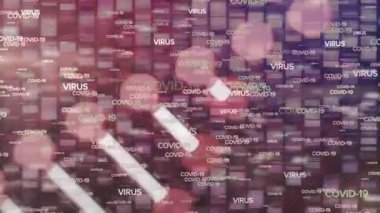 3D DNA iplikçiklerinin animasyonu mavi arka planda yüzen COVID-19 ve VIRUS kelimeleriyle dönüyor. Covid 19 salgın sağlık hizmetleri bilim konsepti dijital olarak oluşturulmuş görüntü.