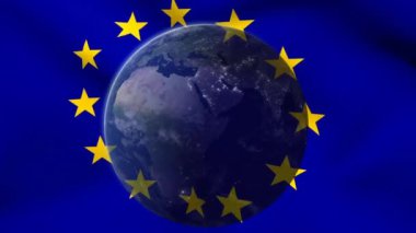 Avrupa Birliği bayrağının mavi arka planda, dünya üzerinde sallanan sarı yıldız çemberiyle canlandırılması. Avrupa Birliği siyaset kavramı dijital kompozisyon.