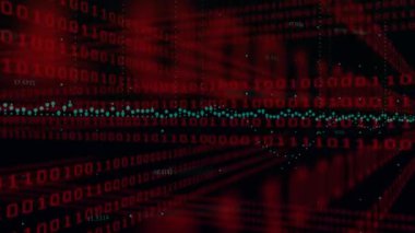 Kırmızı ikili kodlama, yeşil borsa ve kara fon üzerinde finansal veri işleme animasyonları. Küresel finansman dijital olarak oluşturulan imaj.