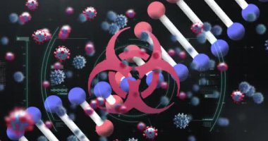 3 boyutlu DNA iplikçiklerinin döndürülmesi, kapsamlı tarama, biyolojik tehlike sembolü ve siyah arkaplanda Covid-19 koronavirüs makro hücrelerinin canlandırılması. Coronavirus pandemik tıp araştırma konsepti dijital olarak oluşturulmuş görüntü.