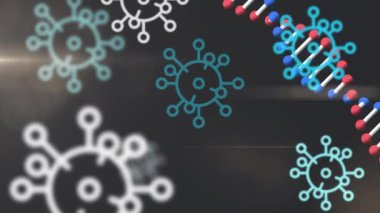 Siyah zemin üzerinde yüzen Covid 19 koronavirüs hücre ikonu ile dönen 3D DNA iplikçiklerinin animasyonu. Covid 19 salgın sağlık hizmetleri bilim konsepti dijital olarak oluşturulmuş görüntü.