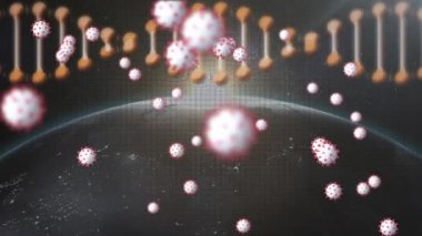 3 boyutlu DNA iplikçiklerinin dönmesi ve Covid-19 koronavirüs makro hücrelerinin kara arka planda Dünya gezegeni ile animasyonu. Coronavirus pandemik tıp araştırma konsepti dijital olarak oluşturulmuş görüntü.