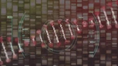 Arka planda 3 boyutlu DNA ipliği, kapsamlı tarama ve Covid-19 koronavirüs mikro hücresi animasyonu. Coronavirus pandemik tıp araştırma konsepti dijital olarak oluşturulmuş görüntü.