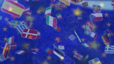 Avrupa Birliği bayrağının mavi arka planda dağınık Avrupa bayraklarını dalgalandıran iki sarı yıldız çemberiyle dalgalanması.