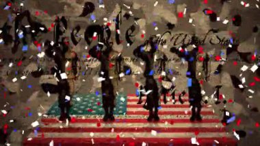 Dört askerin selamlaşması, konfetilerin düşmesi, Amerikan bayrak yıldızları ve çizgileri ve kamuflaj üzerine anayasa metni. Amerikan bayrağı vatanseverliği. Bağımsızlık kavramı dijital olarak oluşturuldu..