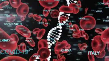 3 boyutlu DNA iplikçiklerinin, kırmızı kan hücrelerinin ve Covid-19 koronavirüs makro hücrelerinin animasyonu ve siyah arkaplan üzerine yazı. Coronavirus pandemik tıp araştırma konsepti dijital olarak oluşturulmuş görüntü.