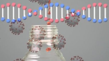 Gri arkaplanda yüzen Covid 19 koronavirüs hücreleriyle dönen 3D DNA iplikçiklerinin animasyonu. Covid 19 salgın sağlık hizmetleri bilim konsepti dijital olarak oluşturulmuş görüntü.