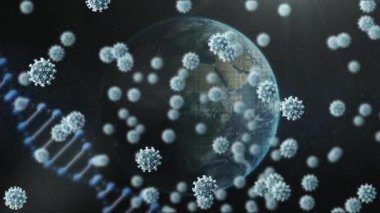 Covid 19 koronavirüs hücreleriyle dönen 3D DNA iplikçiklerinin animasyonu siyah arkaplan üzerinde dönen bir dünya modeliyle birlikte yüzüyor. Covid 19 salgın sağlık hizmetleri bilim konsepti dijital olarak oluşturulmuş görüntü.