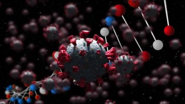 Siyah zemin üzerinde yüzen Covid 19 koronavirüs hücreleriyle dönen 3D DNA iplikçiklerinin animasyonu. Covid 19 salgın sağlık hizmetleri bilim konsepti dijital olarak oluşturulmuş görüntü.