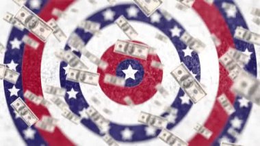 Amerikan doları banknotlarının animasyonu arka planda dönen Amerikan bayrak yıldızları ve çizgileriyle daireler çiziyor. Amerikan bayrağı vatanseverliği. Bağımsızlık kavramı dijital olarak oluşturuldu..