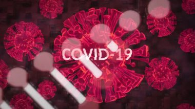 Covid 19 koronavirüs hücreleri ile dönen 3D DNA iplikçiklerinin animasyonu siyah arkaplan üzerinde COVID-19 sözcüğüyle yüzüyor. Covid 19 salgın sağlık hizmetleri bilim konsepti dijital olarak oluşturulmuş görüntü.
