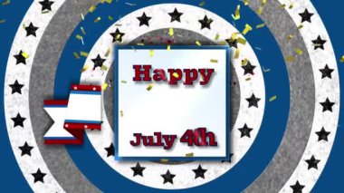 4 Temmuz Bağımsızlık Günü 'nün animasyonu, Amerikan bayrak yıldızları ve çizgili arka plan daireleri üzerine yazılmış metin ve konfeti. Amerikan bayrağı vatanseverliği. Bağımsızlık kavramı dijital olarak oluşturuldu..