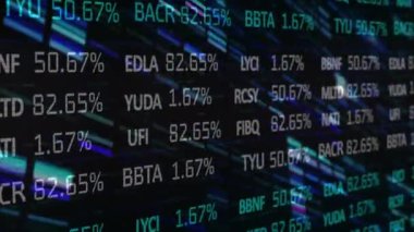 Beyaz borsa finansal veri işleme animasyonu. Siyah arka planda mavi ışıklar yanıp sönüyor. Küresel finansman dijital olarak oluşturulan imaj.
