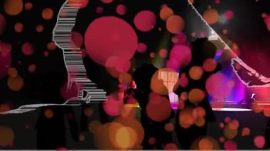 Perdelerle ve kırmızı noktalarla dans eden insanların siluetlerinin animasyonu kusursuz bir döngü içinde hipnotik hareketlerle hareket ediyor.. 