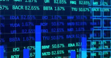 Borsa animasyonu ve mavi parlayan finansal veri işleme mavi çizgiler yukarı ve aşağı gidiyor, dünya haritası siyah arka planda. Küresel finansman dijital olarak oluşturulan imaj.