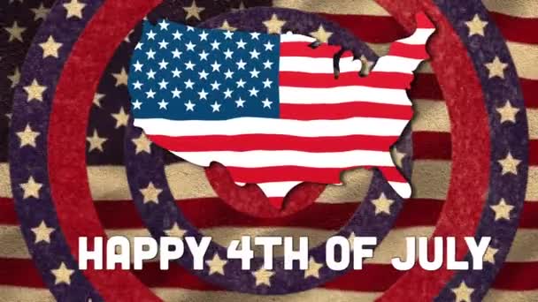 Animation Happy Július Szöveg Amerikai Térkép Amerikai Zászlókkal Csíkokkal Pörgő — Stock videók