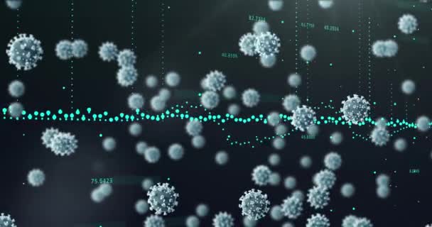 Animatie Van Flikkerende Groene Macro Covid Cellen Gegevensverwerking Met Statistieken — Stockvideo